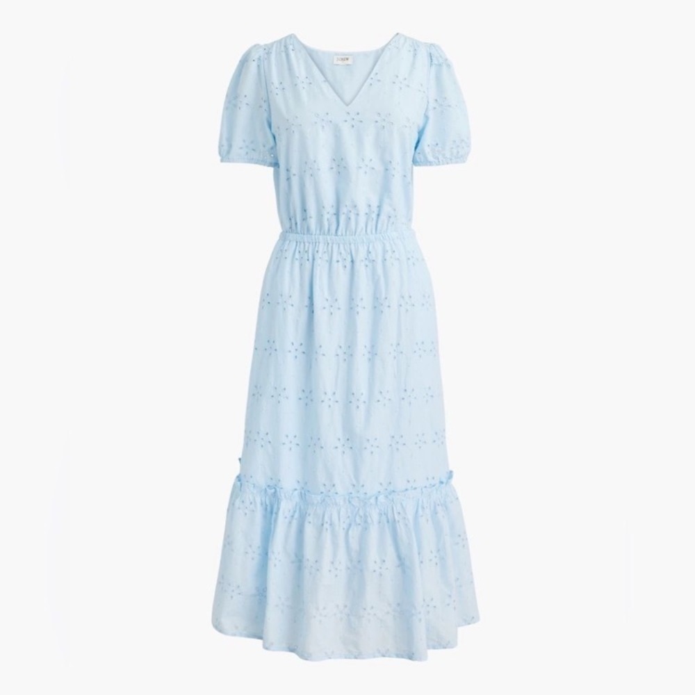 J crew Light ice Blue Eyelet Midi Dress size 0 cotton short sleeve v neck